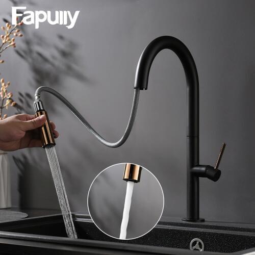 Fapully Kitchen Faucet Black Gold Brass Single Handle Swivel 360 Rotation Hot and Cold Water Cozinha Torneira Kitchen Mixer Tap