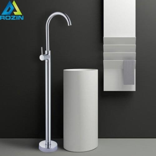 Chrome Floor Stand Faucets Single Handle Brass Bathroom Freestanding Basink Mixer Tap with Rotate Spout Single Hole