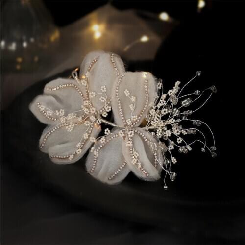 Crystal Beaded crepe Flower hair decoration Bridal Headdress side clip Wedding Hair Accessories