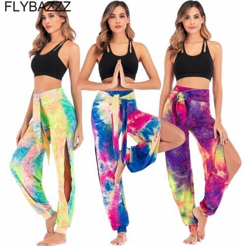 Rainbow Tie-dye Printed Stretchy High Rise Sashes Loose Leggings Women Sexy Side Split Yoga Leggings Lounge Bloomers Harem Pants