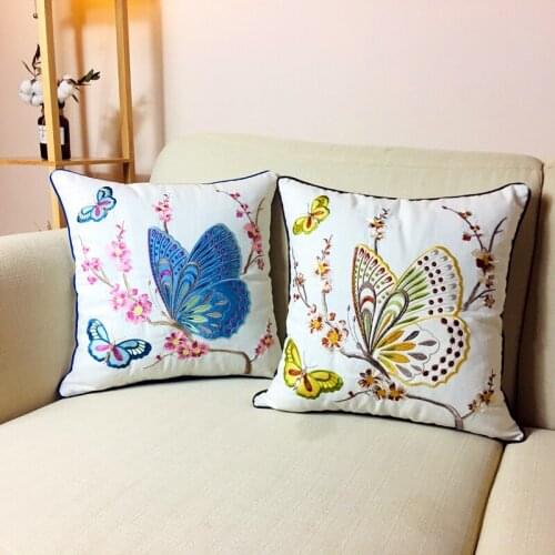 Butterfly Cushion Cover 45x45cm Floral Country Style Pillow Cover Cotton Embroidery Suqare Home decoration for Living Room