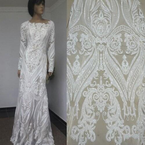 Nigerian Tulle Lace Fabaric Off White Latest 2021 High Quality African Sequins Lace Fabric For Wedding Dress M1059