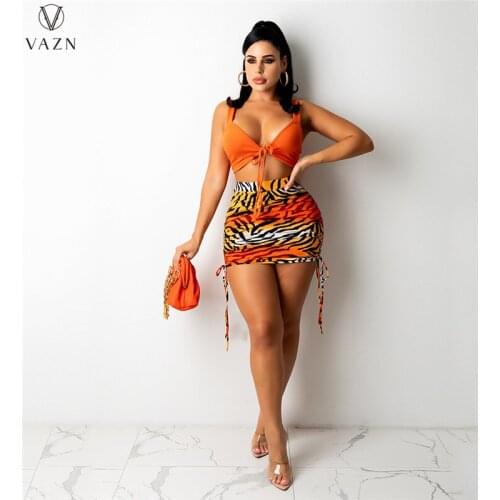 VAZN 2021 New Drawstring Retro Dress Set Young Sexy Club Spaghetti Strap Sleeveless Elements Mini Skirts Slim Women 2 Piece Set