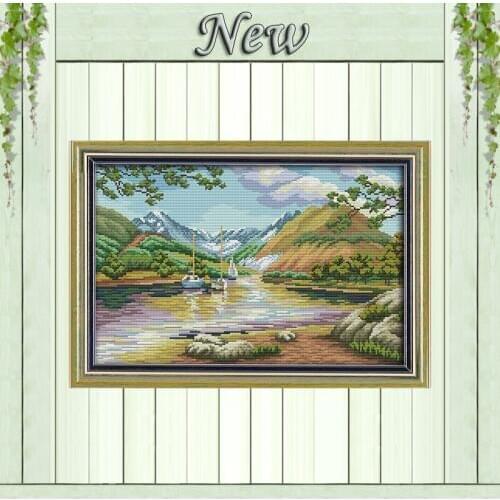 Landscape of lakes and hills scenery painting counted print on canvas DMC 14CT 11CT Cross Stitch Needlework Sets Embroidery kits