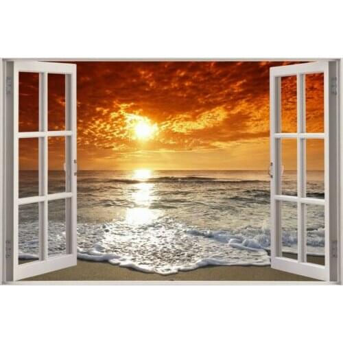 Fiery Beach view through Window Art Film Print Silk Poster Home Wall Decor 24x36inch