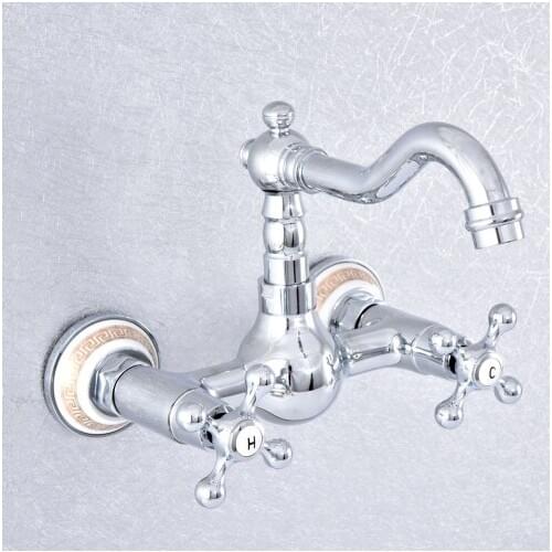 Chrome Double Handle Wall Mounted Basin Faucets Hot and Cold Water Faucets Bathroom Sink Wash Basin Water Mixer Tap zsf765