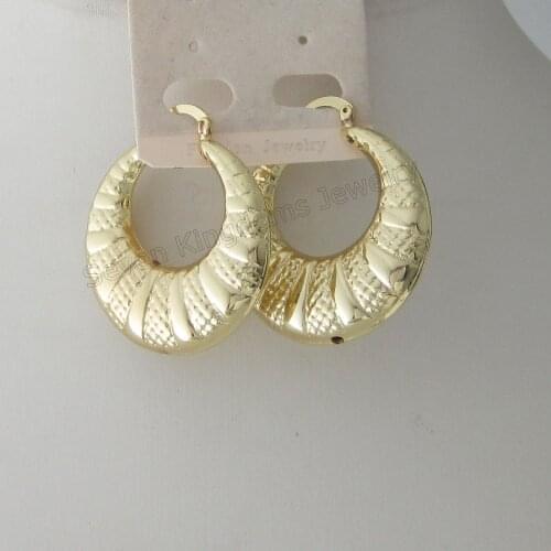 HOLLOW EMPTY CARVED POTS 16K YELLOW GOLD GP BIG HOOP TALL 40MM 1.57" WIDTH 36MM 1.42" ROUND SHAPE EARRING GREAT GIFT
