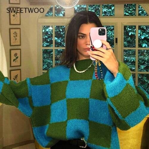 Casual Knitted Sweaters Women Plaid Pullover Loose Lantern Sleeve Jumper Women Oversized Sweater Half High Collar Pull Femme