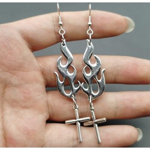 Exaggerated 1Pair Hip Hop Flame Earrings Streetwear Fashion Punk Style Cross Earrings for Women Men Party Jewelry Gift Gothic