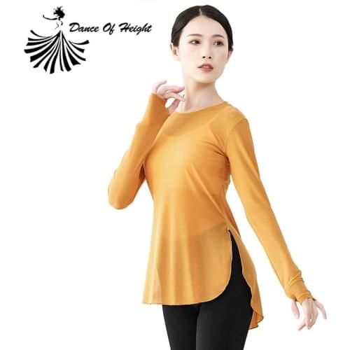 Plus Size Gauze Modern Dance Shirt Solid Classical Dance Top Blouse For Women Round Neck Long Sleeve Practice Dancer Clothes