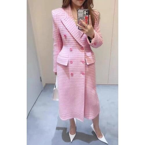 2021 French Minimal Street Style Pink Houndstooth Wool Double Breasted Fall Coat