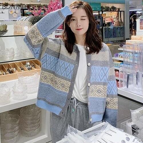 Sweaters Women Spring Cardigans Single Breasted Geometric O-neck Warm Retro Leisure Preppy Style Loose Students Trendy New Chic