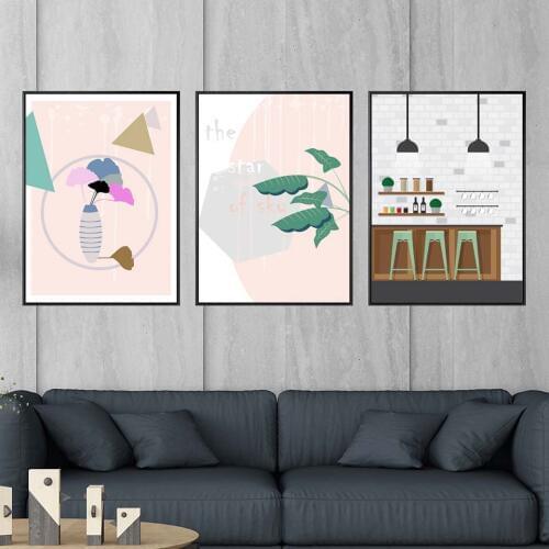 Home Decoration Print Canvas Wall paintings Nordic Picturs Oil unframed Drawings of leafs Pottde Plant Table pink green