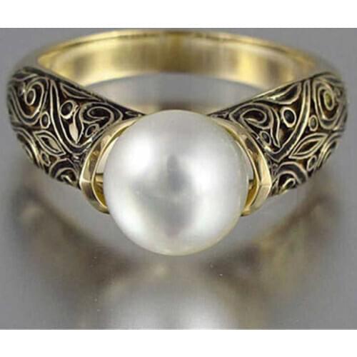 Vintage Women Wedding Engagement Ring Imitation Pearl Size 6-10 Fashion Yellow Gold Color Ring