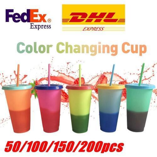 50/200pcs 700ml/24oz Temperature Color Magic Cup Reusable Magic Coffee Mug Plastic Drinking Tumblers with Lid and Straw