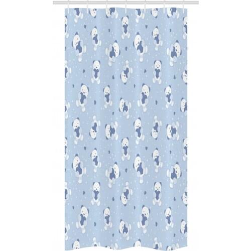 Baby Blue Bear Shower Curtain Set Pastel Teddy Romantic Hearts Waterproof Fabric Narrow Bath Curtain Bathroom Decor with Hooks