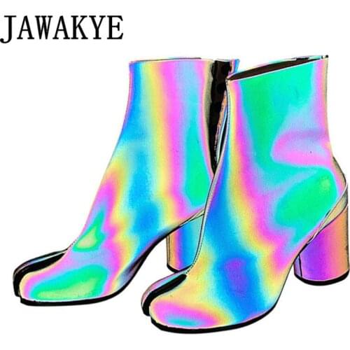 Women Split toe Chunky High-heel Chelsea Boots Luminous discolor fashion Leather Ankle Boots Runway T show Punk Boots female