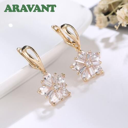Snowflake Drop Earrings For Women With AAA Cubic Zirconia Gold Color Flower Earrings Wedding Jewelry Female Accessories