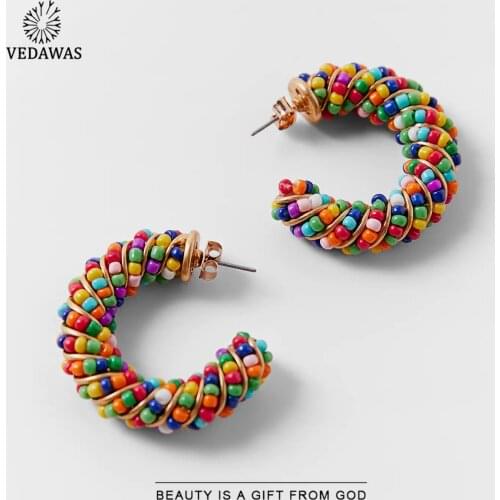 Vedawas ZA Beaded Hoop Earrings for Women Bohemian Colorful C-Shape Flower Stone Drop Earrings Holiday Jewelry Party Wholesale