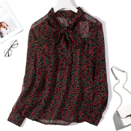 Womens 100% Mulberry Silk Black printed transparent Top Shirt Blouse Tie Bow Neck Long sleeve L XL JN573