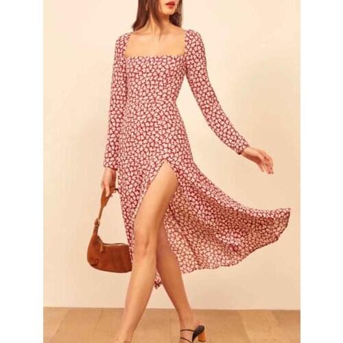 Yinlinhe Print Red French Style Long Dress Women Elastic Waist Summer Dress Long Sleeve Vintage Split Dress Holiday Outfits 1664