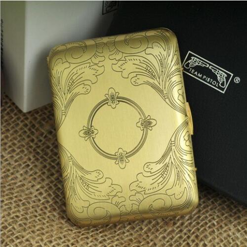Golden Copper Cigarette Box Lines Metal Cigarette Case Holder Box For 16 Cigarettes With Gift Box Mens Gadgets