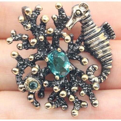 37x33mm Neo-Gothic Animal 11g Vintage Created Rich Blue Aquamarine For Women Black Gold Silver Pendant Eye Catching