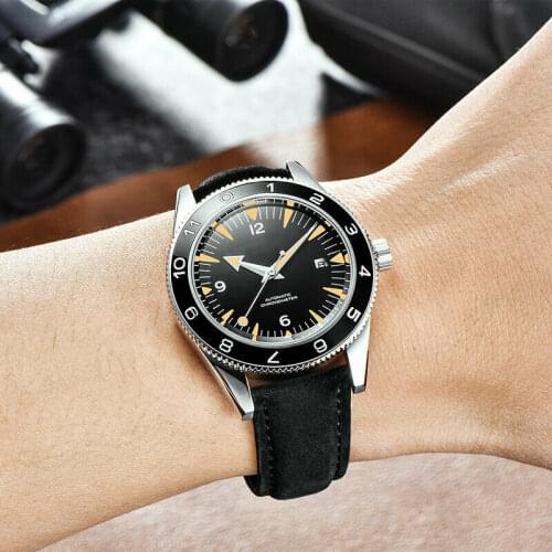 41mm Corgeut Automatic Mens Watch Japan NH35 Movement Black Sandwich Dial Sapphire Glass Date Leather Strap 100m Waterproof