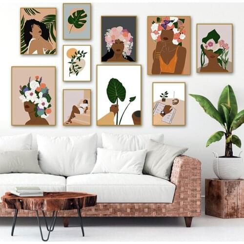 Vintage African Girl Flower Monstera Plant Wall Art Canvas Painting Nordic Posters And Prints Pictures For Living Room Decor