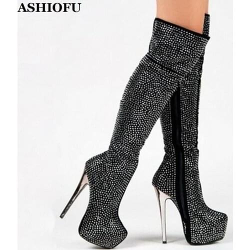 ASHIOFU New Handmade Ladies Thigh High Boots Bright Sexy Party Prom Over Knee Boots Evening Fashion Winter Long Boots Shoes
