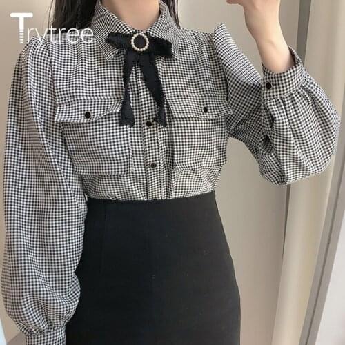 Trytree 2020 Spring Autumn Blouse Women Casual Pearl Bow Brooch Puff Sleeve Pocket Single Breasted Office Lady Plaid Shirts Tops