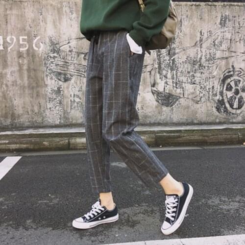 Pants Women Fashion Pockets Plaid Womens Trousers Loose Casual Female High Waist Pant Females Korean Style Retro Students Girls