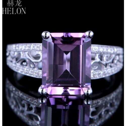 HELON Solid 10K White Gold Flawless Emerald Cut 8x10mm Natural Amethyst & Diamonds Engagement Ring Women Vintage Fine Jewelry