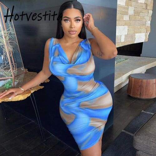 Hotvestita 2021 Fashion Sexy Pile Collar Low Chest Sleeveless Bodycon Sundress Women Summer Tie Dye Casual Party Club Mini Dress