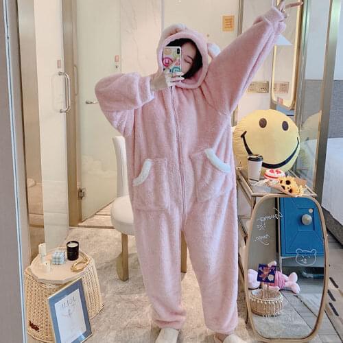 Flannel One-Piece Winter Sleepwear Women Cute Rabbit Ear Hooded Sleeping Onesies Zipper Long Sleeves Pink Warm Casual Homewear