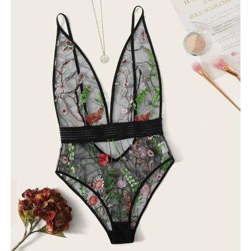 Flower Embroidery Lace Bodysuit Women Sexy Lingerie Bodysuits Transparent Sheer Mesh Deep V Backless Teddies Body Encaje Mujer