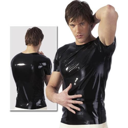 Fashion Sexy Black Latex T-shirts Short Sleeve Latex Tops for Man Rubber Costumes Casual Shirts Plus Size Hot Sale