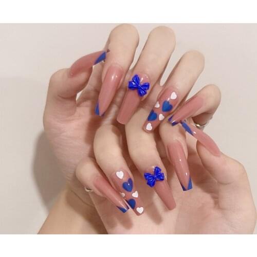 24pcs Blue Bow Nail Patch Glue Type Removable Long Paragraph Fashion Manicure Save Time False Nail Patch Fake Nails