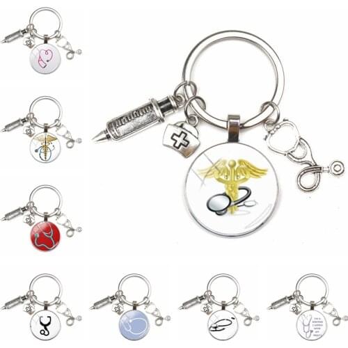 NEW Creative Fashion Personalize Nurse Medical Syringe Stethoscope Image Keychain Glass Cabochon Glass Dome Keyring Pendant Gift