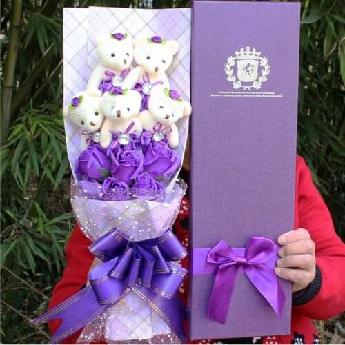 Plush bear purple simulation flower cartoon plush pastic bouquet Valentines Day birthday Gifts beautiful flower