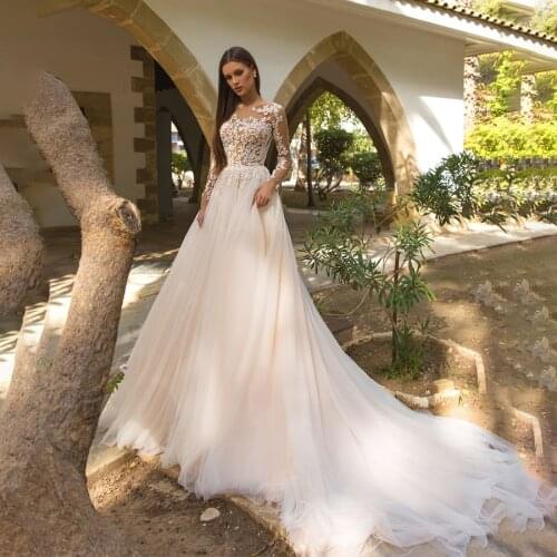 See Through Lace with Crystals Dark Skin Bodice Long Sleeves Wedding Dress Illusion Back Sexy Bridal Gown vestito da sposa