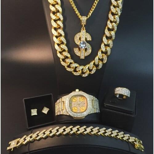 Luxury Men Watch & Necklace & Braclete & Ring & Earring Combo Set Ice Out Cuban Watch Crystal Miami Neckalce Hip Hop For Men