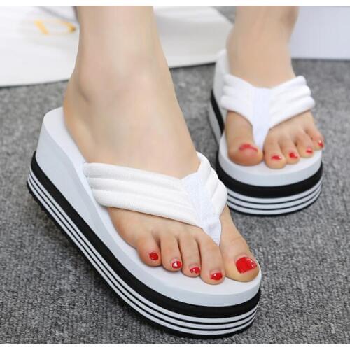 6.5cm flip flop wedges heels summer sandals slippers woman shoes women girls beach shoe light bottom platform handmade white