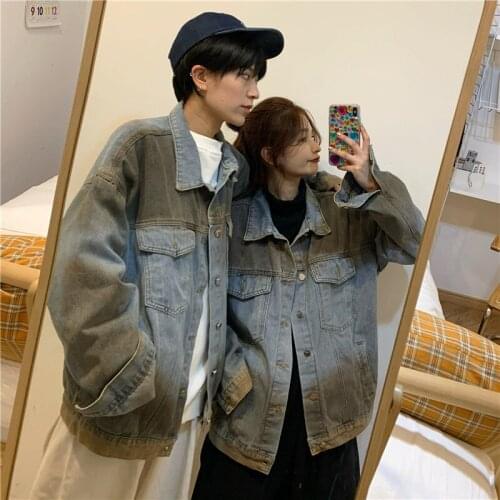 2021 autumn and winter new retro gradient denim jacket female Korean version loose couple tooling jacket
