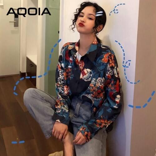Vintage Floral print Long Sleeve Oversize Women Shirt Turn down Collar Button Up Ladies Shirts 2021 Autumn Loose Female Clothing
