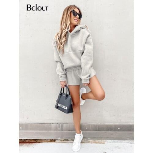 Bclout Casual Women Suit 2021 High Waist Shorts And Long Sleeve Hoodie Sport Outfit Basic White Patchwork Lady Two Piece Set