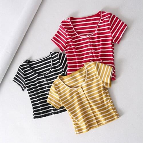 Summer Crop Top Sexy Women Casual Buttons Elastic Short Sleeve Cotton T-shirts Black Red Striped Tops