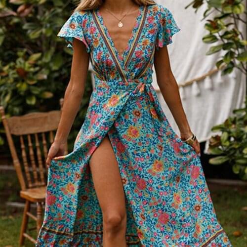 AECU Vintage Floral Print Boho Dress Women Sexy V Neck Maxi Beach Summer Dress Vestidos Sash Split Retro Long Dress Sundress
