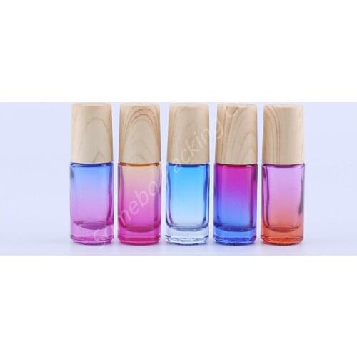 5ML Gradient Color Thick Glass Roller Essential Oil Empty Parfum Bottles with Water Transfer Printing Wood Grain Plastic Cover