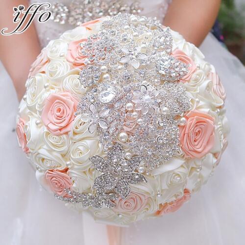 Ivory & coral ribbon roses bridal brooch bouquet Wedding bridesmaid bride holding flowers Pearl embellishment bouquets